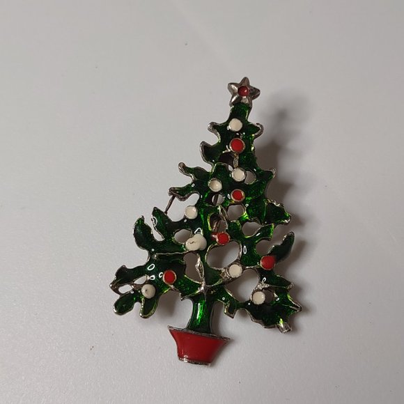 Green, Red, And White Christmas Tree Brooch - Picture 2 of 9